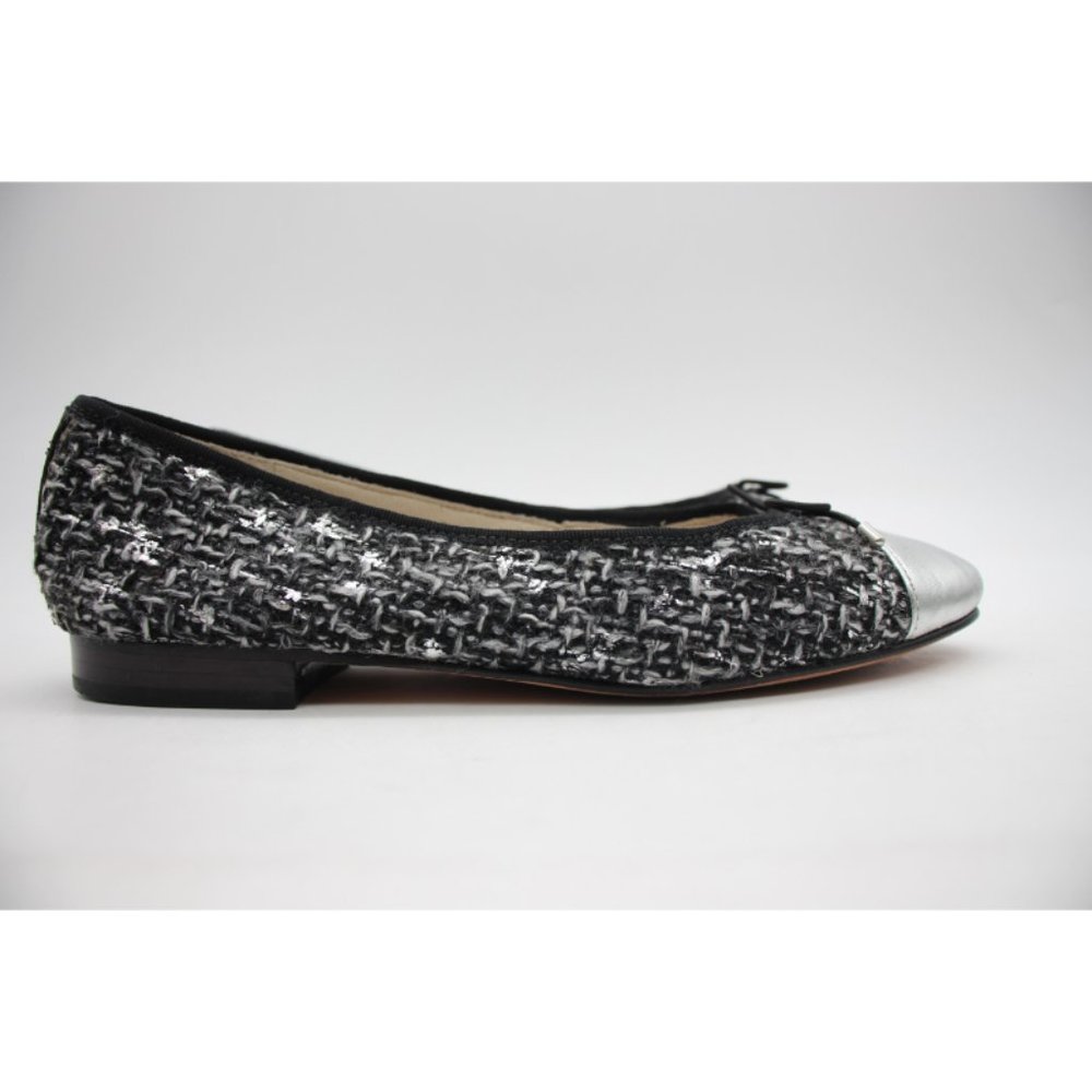 Sam Edelman Sara 6 M Metallic Tweed Cap Toe Ballet Flats Leather Silver Black